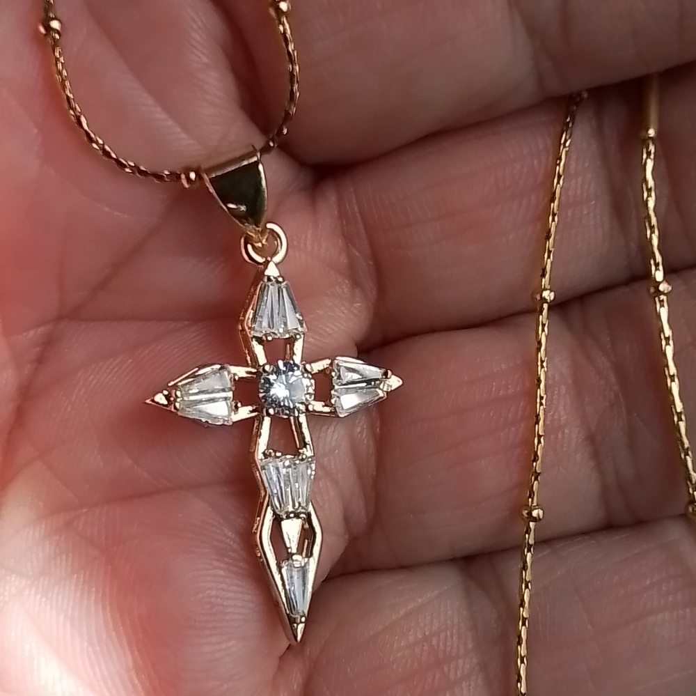 CZ Gold Cross Pendant Necklace